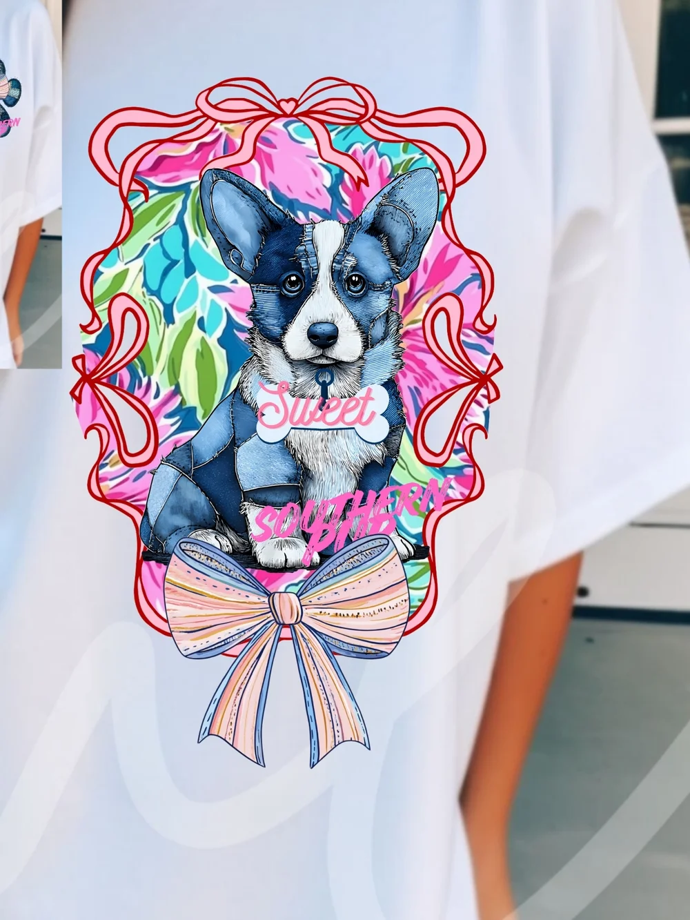 Gildan White Tee with Denim Patch Paw & Pastel Bow - Picture 14 of 16